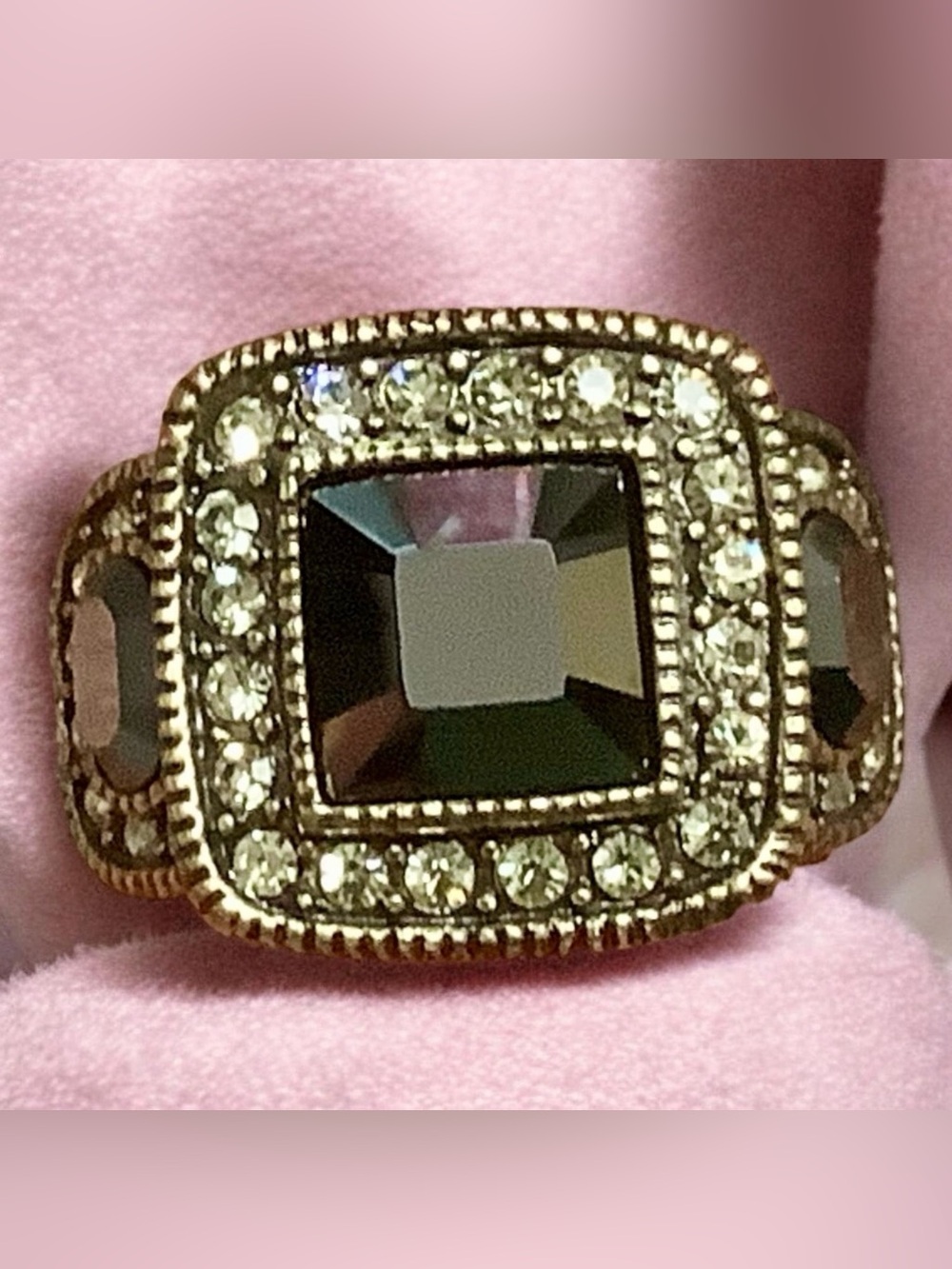 Heidi Daus Dark Brown & Gold, Silver,  Swarovski Crystal Square Halo Ring Sz. 6